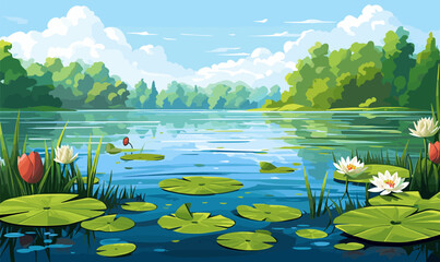 Wall Mural - A serene lake with lily pads vector simple 3d isolated illustration