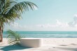 © Mickey - Minimalistic white podium on a peaceful beach with tropical palm leaves, evoking a calm and pure aesthetic