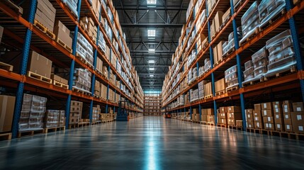 Poster - Forklift drivers deftly move goods on pallets, ensuring safe and organized storage in the bustling warehouse for  distribution.