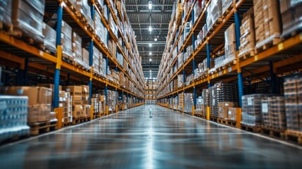 Poster - Forklift drivers expertly maneuver through the warehouse, efficiently stacking cardboard boxes on shelves for  shipping and distribution.