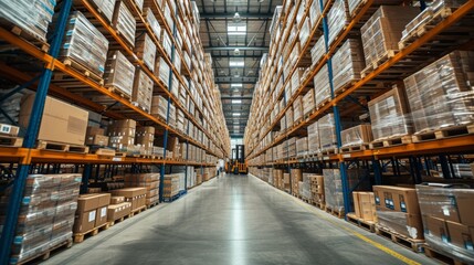 Poster - A bustling retail warehouse filled with rows of shelves stacked high with goods, as forklifts navigate between pallets, ensuring efficient delivery and storage.