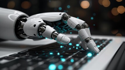Aufkleber - Unlock the future of work with our AI-powered chatbot, featuring robotic hands for  laptop interactions.