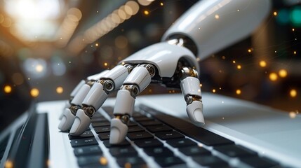 Aufkleber - Unlock the power of AI with a virtual chatbot assistant, effortlessly managed by robotic hands on your laptop for efficient communication.