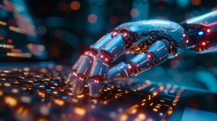 Aufkleber - Discover the future of communication with a virtual chatbot assistant, managed by robotic hands for  interaction on your laptop.