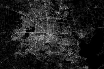 Canvas Print - Stylized map of the streets of Houston (Texas, USA) made with white lines on black background. Top view. 3d render, illustration