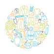 © Abundzu - Round vector illustration of a collection of different clothes, hand-drawn in the style of doodles