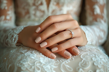 Wall Mural - Bride : Close-Up of Bride' and  Hands with Elegant Manicure on Lace Wedding Dress, Featuring Engagement Ring. Wedding Day Details Concept.