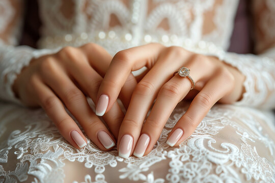 Bride : Close-Up of Bride' and  Hands with Elegant Manicure on Lace Wedding Dress, Featuring Engagement Ring. Wedding Day Details Concept.