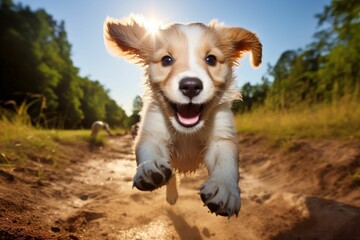 Cute puppy running towards the viewer. AI-generated.