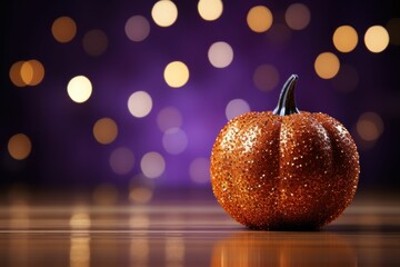 Wall Mural - AI generated illustration of an orange glittered pumpkin in front of a purple bokeh background