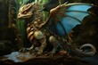 AI generated illustration of a mythical dragon with its wings outstretched