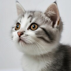 Poster - White and gray kitten sitting down, looking into the distance with curiosity