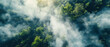 Top-down aerial drone wide view, bird's eye view, of a wildfire in the mountains, forest fire, caused by global warming and climate change. No fire or flames, only smoke
