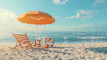 Wall Mural - Summer vacation concept: beach umbrella with chairs and inflatable ring on beach sand. 3D rendering