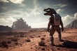 AI generated illustration of a dinosaur in a space suit stands on some red rocks