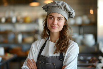 young female chef with arms crossed standing in restaurant kitchen and smiling