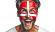 man soccer fun portrait with painted face of danish national flag isolated on transparent background