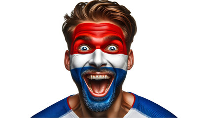 Wall Mural - man soccer fun portrait with painted face of national flag isolated on transparent background