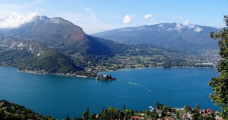 Poster - Aerial view of the picturesque lake of Talloires-Montmin in the French Alps