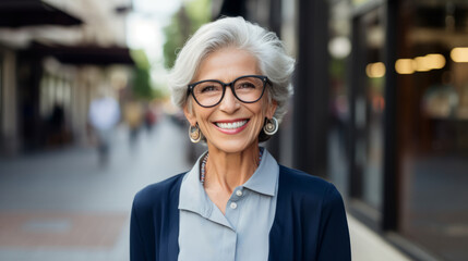 Smiling elderly woman, standing in the city. A happy old Caucasian grandmother wearing glasses, standing outdoors on a nice day. Good looking cheerful European senior female outside, close-up portrait