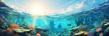 Fantasy Underwater Landscape. Wide Horizontal Beautiful Panorama. Deep Blue Ocean Place. Marine Life, Nature, World. Banner, Harder, Poster, Invitation, Email. Digital Painting. Generative Ai Content