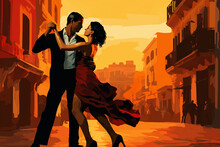 An Artistic Representation Showcasing A Couple Engaged In A Tango Dance On A Lively City Street