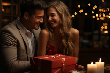 Wall Mural - A couple in love celebrates Valentine's Day with gifts by candlelight, sharing a romantic moment