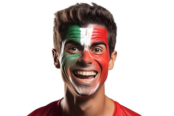 man soccer fun portrait with painted face of italian national flag isolated on transparent background