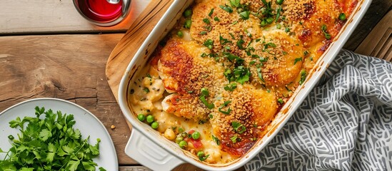 Sticker - A delicious casserole dish consisting of macaroni and cheese, peas, and vegetables placed on a wooden table.