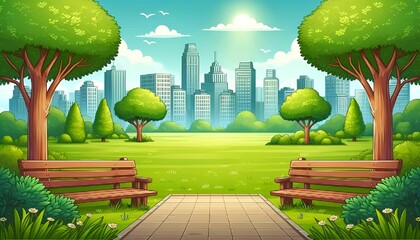 Wall Mural - ai-generated image of a cartoon-style city park with vibrant colors and lush greenery