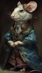 Wall Mural - AI generated illustration of a white mouse wearing a blue vintage-style aristocratic costume