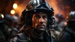 © Wirestock - AI generated illustration of a firefighter in a protective helmet standing against fire flames