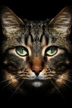 Close-up Of A Gray Tabby Cat With Green Eyes Isolated On A Dark Background. AI-generated.