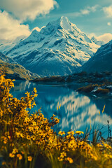 Wall Mural - Landscape with snow capped mountain and lake in the foreground.