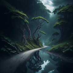 AI generated illustration of a river flowing through a dark green forest