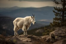 AI Generated Illustration Of A Mountain Goat Standing Majestically Atop A Large Rocky Outcrop.