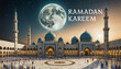 Ramadan celebration poster with text Ramadan Kareem. Grand mosque with multiple domes and minarets, with full moon and crescent moon Islamic symbols.