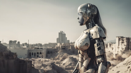 Wall Mural - AI generated illustration of a robotic female figure, in the backdrop of a crumbling cityscape