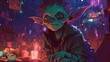 Comic-book art of a a female gremlin sitting at a bar with a tired look on her face, AI-generated