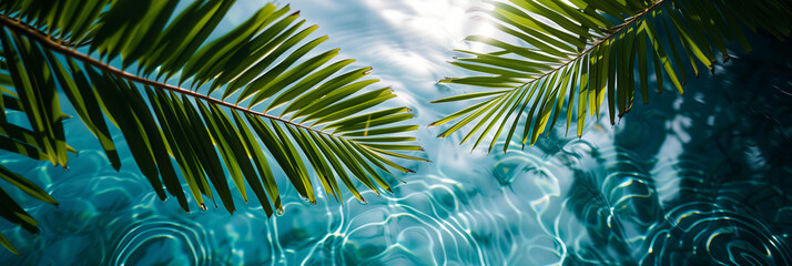 palm leaves floating on rippled blue water with sun glares