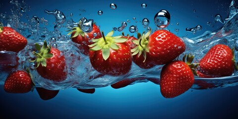 Wall Mural - Strawberries dipped in water with water splashes on a dark blue background