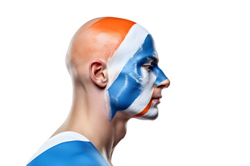 Wall Mural - man soccer fun profile portrait with painted face of dutch national flag isolated on transparent background