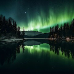 Sticker - AI generated illustration of Aurora Borealis illuminating the night sky above the tranquil lake