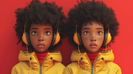 Cartoon, illustration, drawing of two teenage twin women dressed in yellow hoodies and afro hair on red background.  Retro 80s 90s style. Generative AI