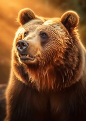 Poster - AI generated illustration of a close-up of the head of a grizzly bear with a bright sunlight