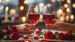 Couple, hands and toast with wine glass for home celebration of love, romance and valentines day on anniversary. People, table and date success with red champagne, drinks or luxury dinner with roses