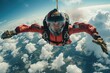 Capturing thrill of adventure breathtaking shows man skydiving from sky symbol of ultimate freedom and courage backdrop of clear blue skies and distant mountains adds sense of nature to extreme