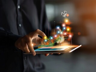 Poster - Businessman using tablet analyzing sales data and economic growth graph chart. Business strategy. Abstract icon. Digital marketing.