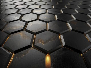 Fototapete - Luxury hexagonal abstract black metal background with golden light lines