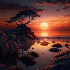 Wall Mural - AI generated illustration of a majestic tree on a rocky hill with a stunning view of the vast ocean